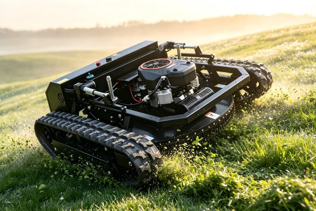 KENTOP remote control lawn mower working on a large farm grass slope