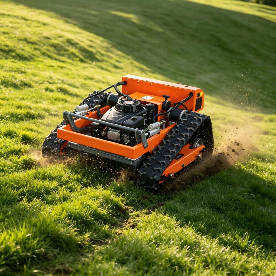 KENTOP SH-550J 550mm remote control tracked lawn mower operating on a grass slope