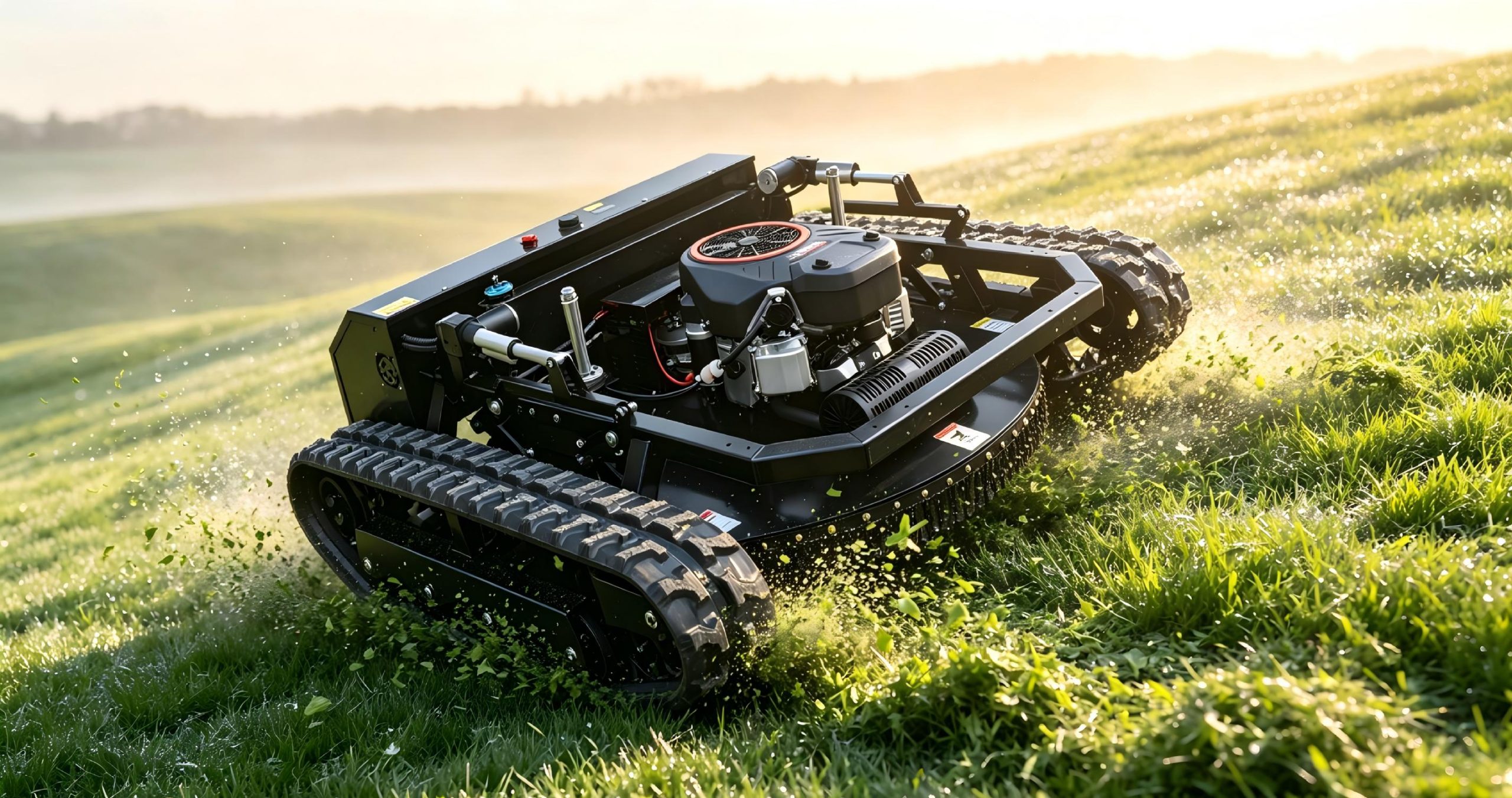 Close-up of KENTOP SH-800DL-800 remote control tracked tank lawn mower cutting grass