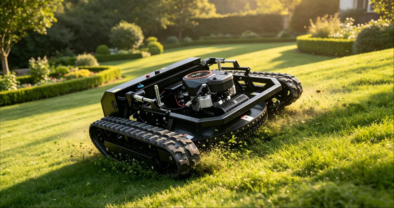 KENTOP SH-800DL-800 remote control tracked tank lawn mower operating on a grass slope