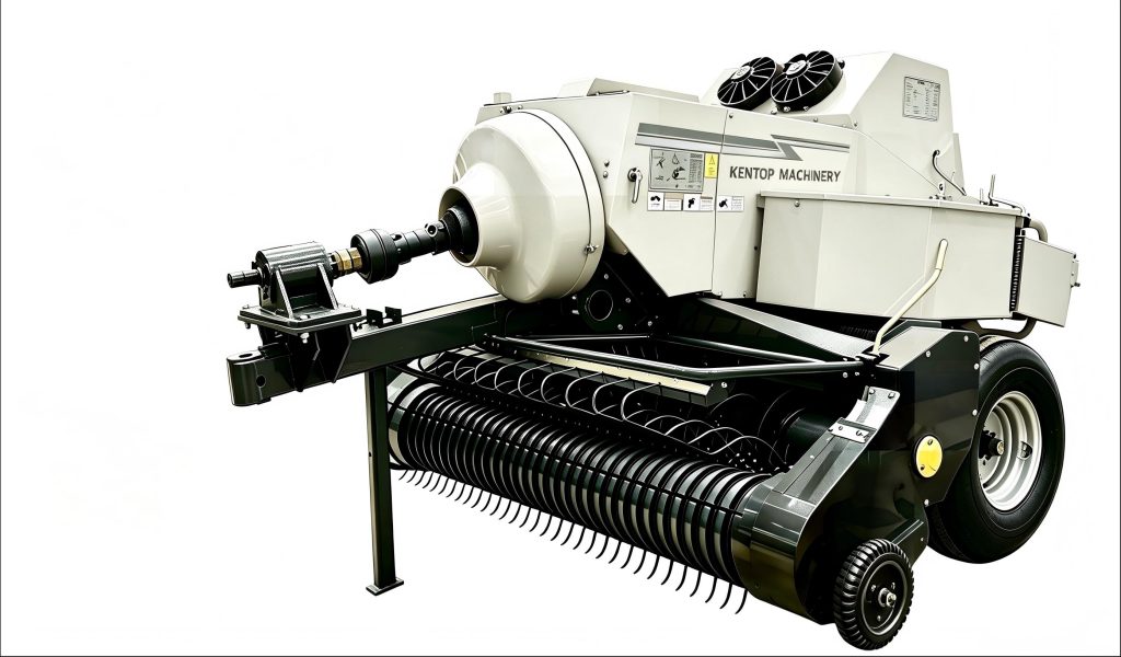 KENTOP tractor square baler working in a harvested field